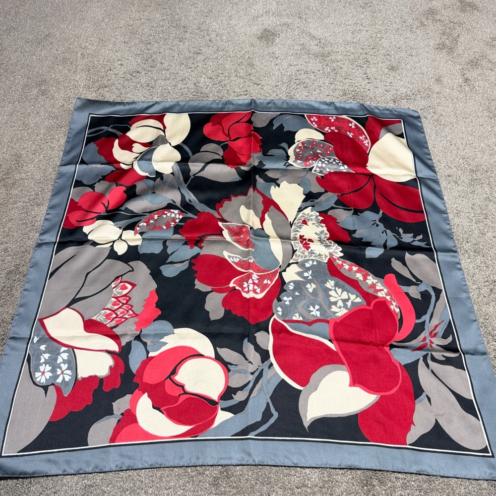 Floral Square Scarf Red Grey Black Satin Large Head Neck Scarf 34x34